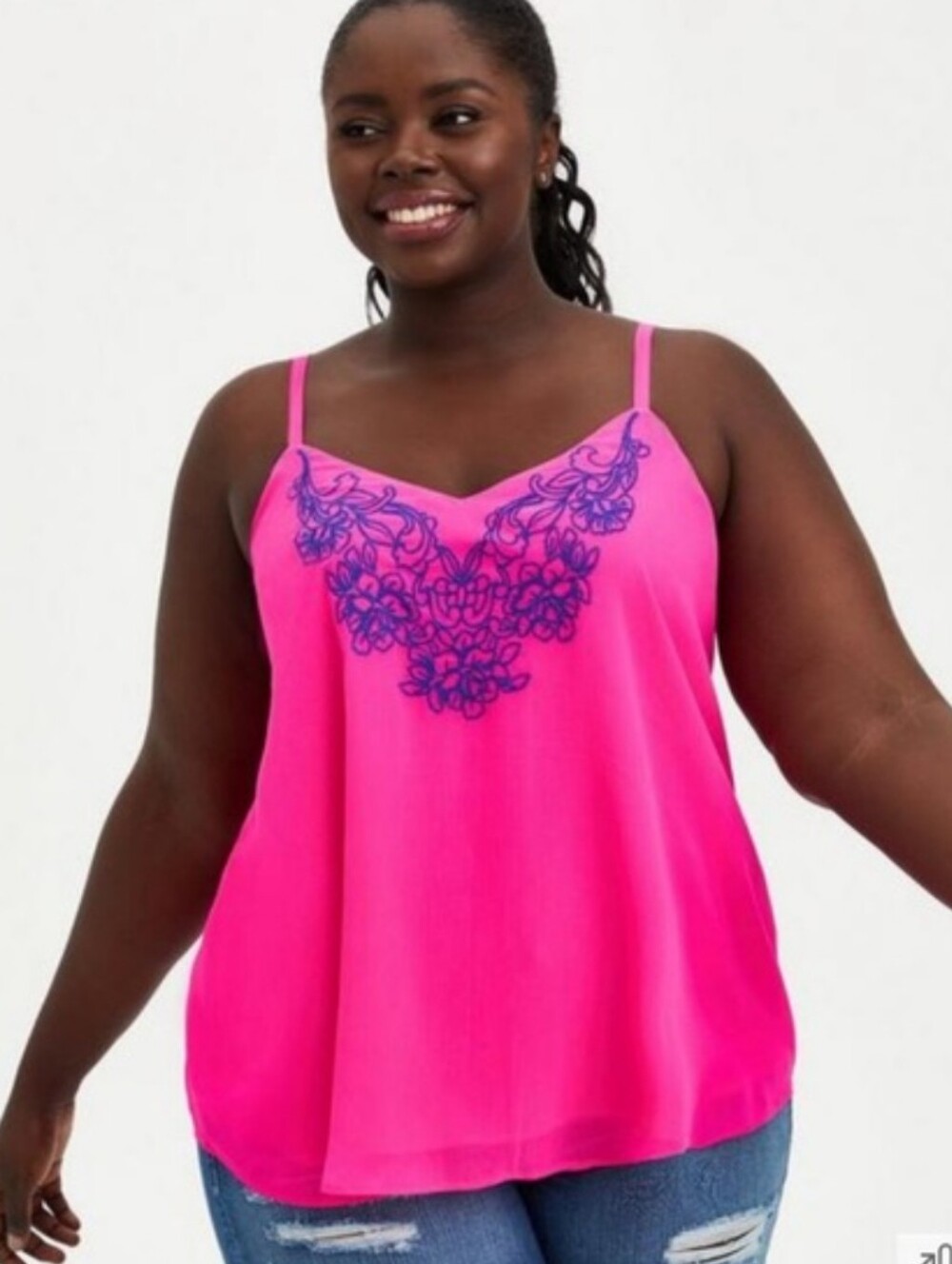 Torrid Plus Size 3x: Bright Pink With Blue Floral-Embroidered Neckline Camisole